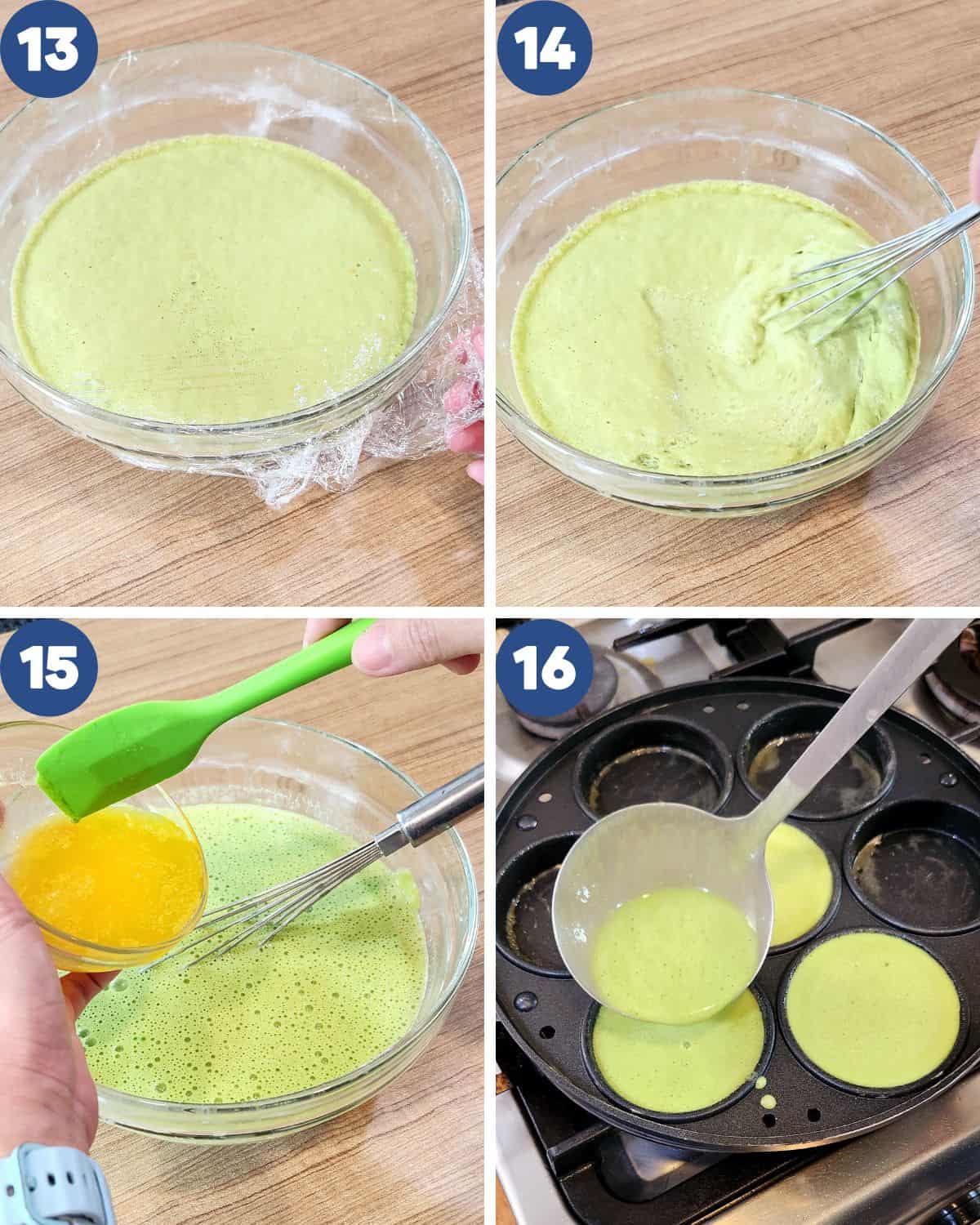 Step by step process photos of mixing melted butter into the fermented batter.
