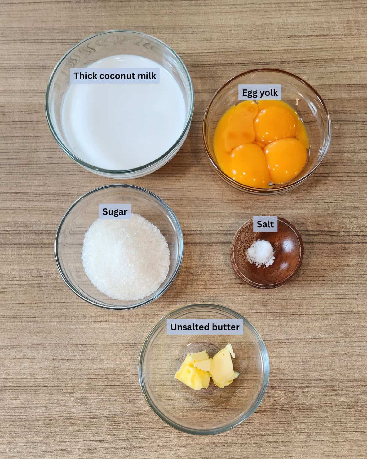 Coconut jam (kaya jam) ingredients with labels.