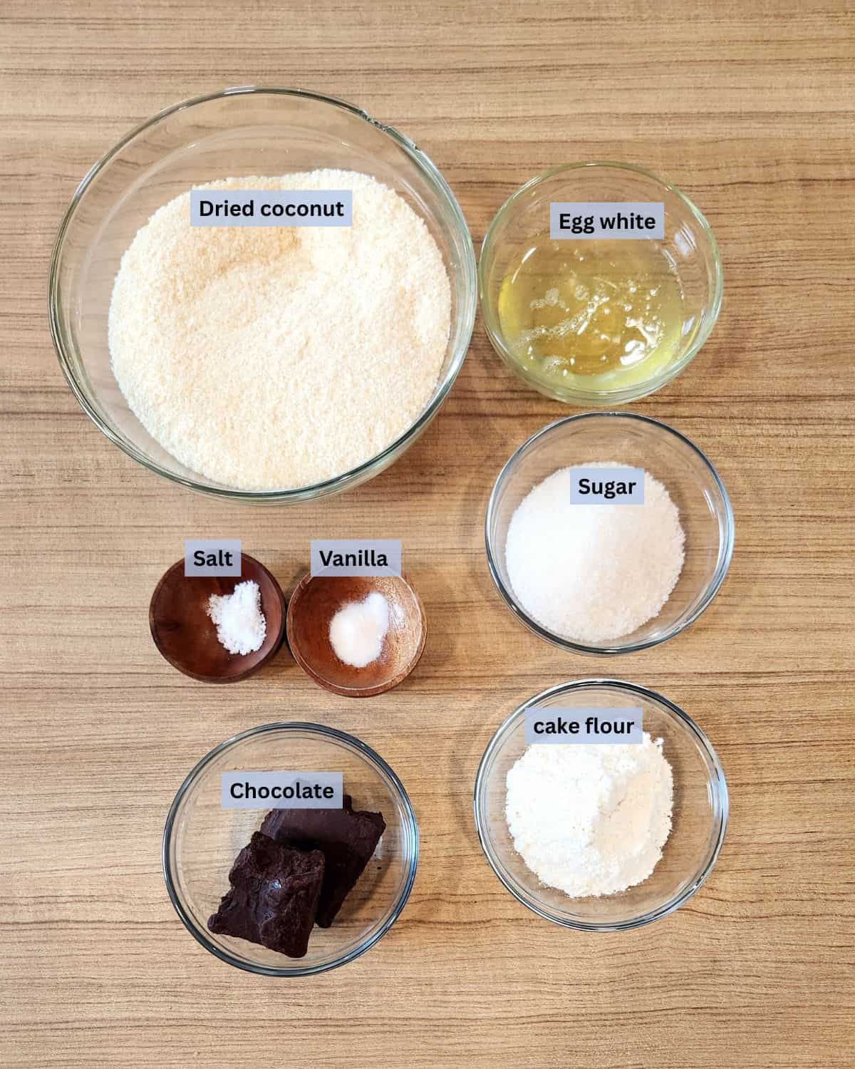Coconut macaroon with chocolate ingredients with labels.