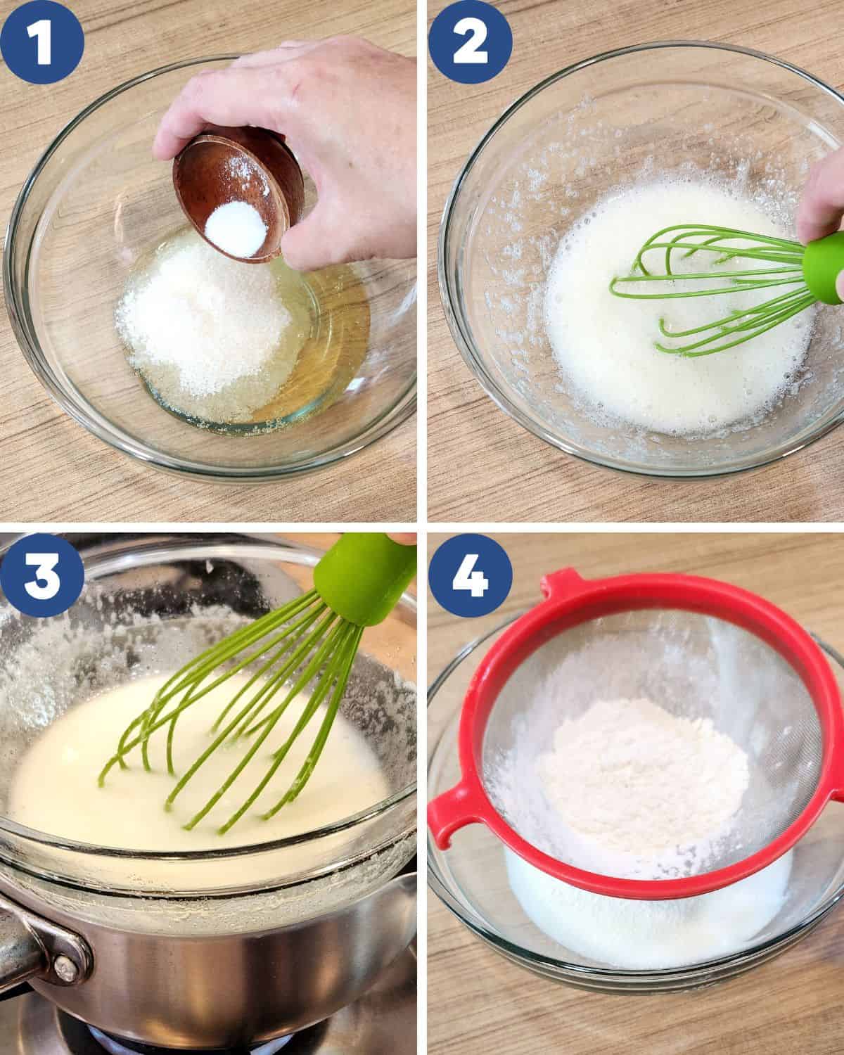 Four images showing how to make batter for coconut macaroon.