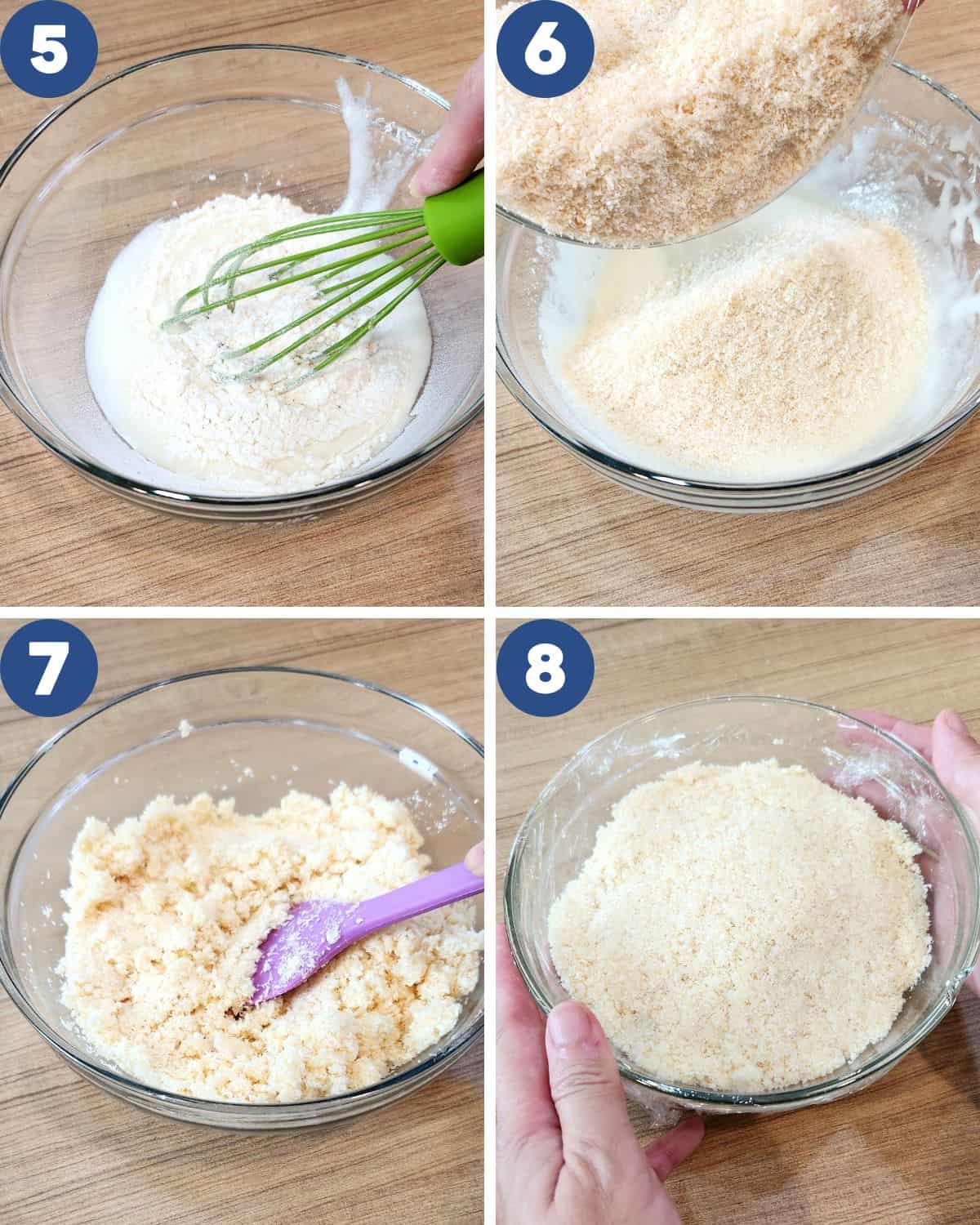Step by step process photos of mixing the coconut into the egg white batter.