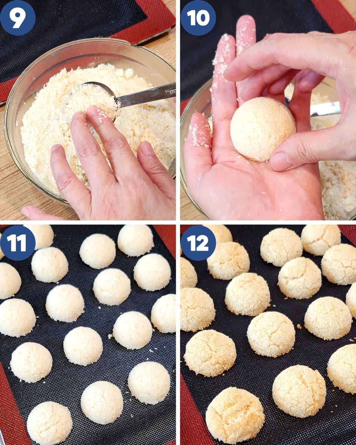 Step by step process photos of shaping the coconut macaroon.