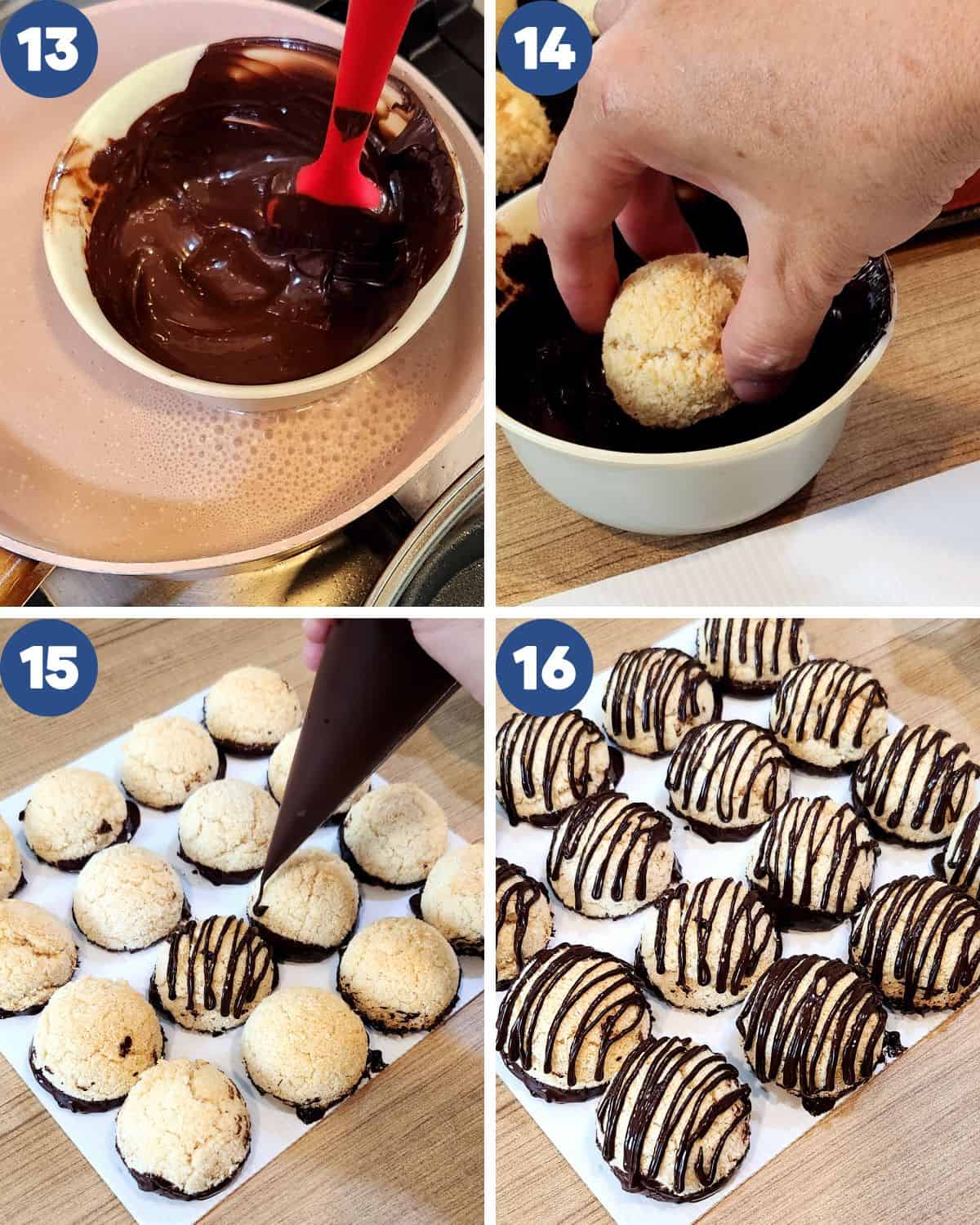 Step by step process photos of dipping the coconut macaroon with chocolate. 