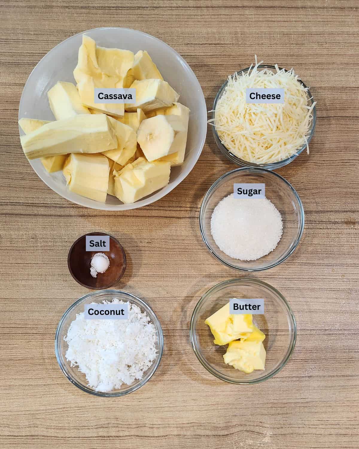 Getuk lindri ingredients with labels.