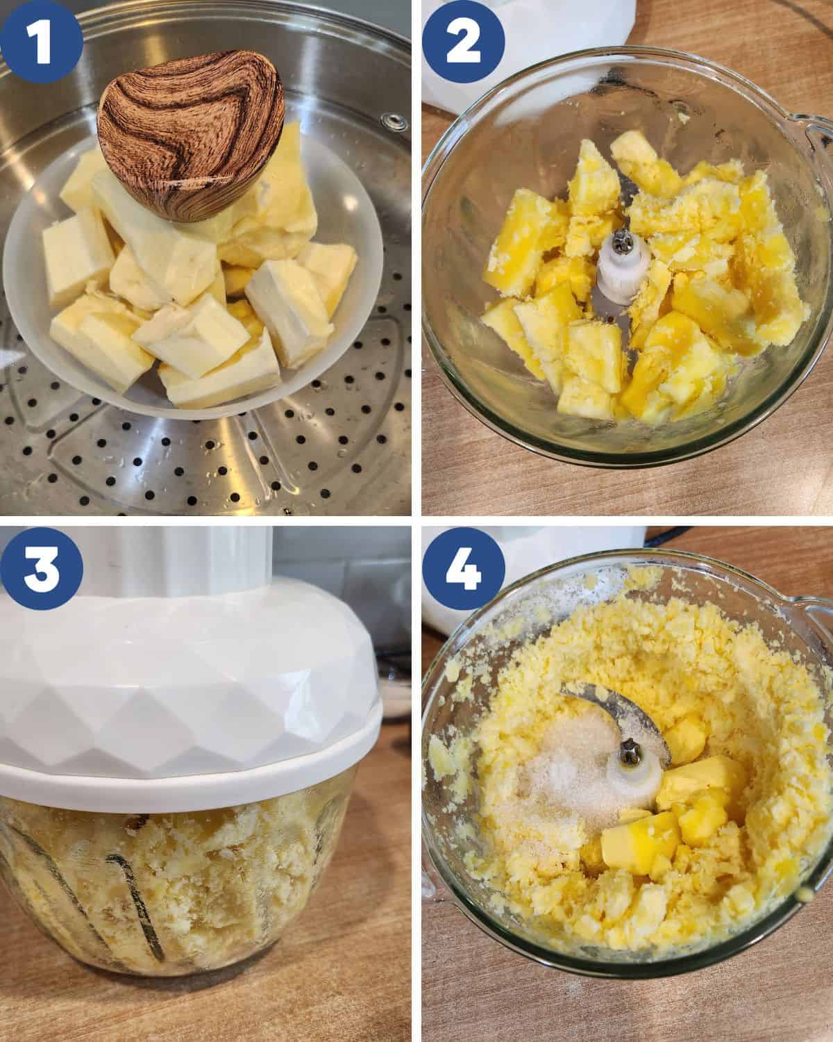 Step by step process photos of making the dough for getuk lindri.