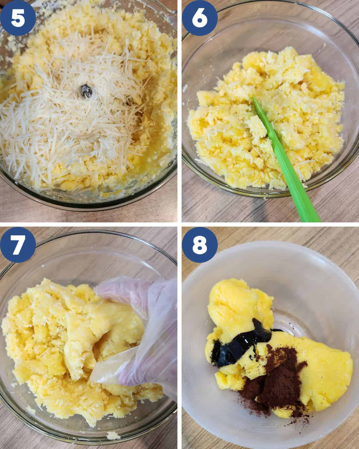 Step by step process photos of kneading the blended cassava.