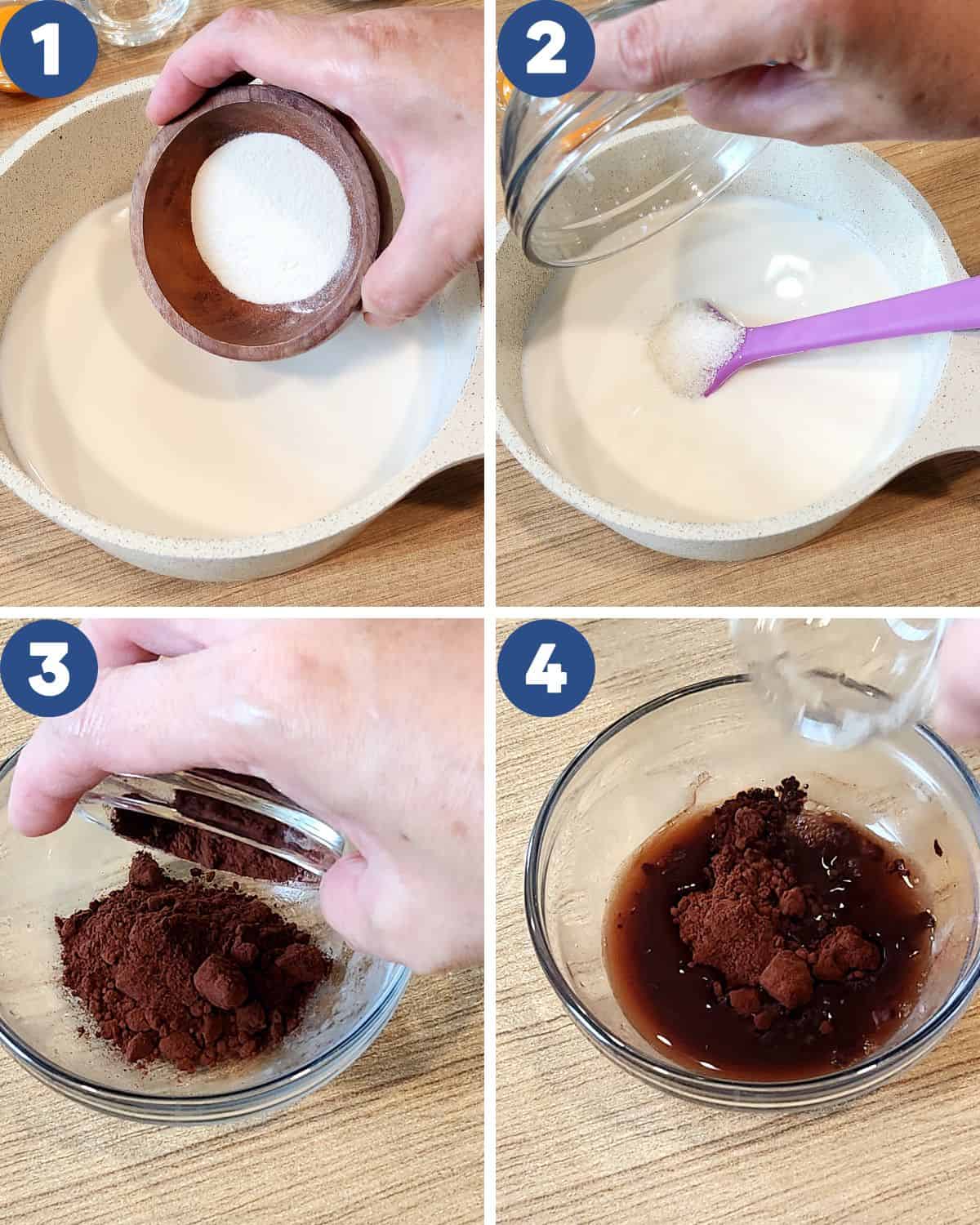 Step by step process photos of combining the ingredients in a pot for gluten free chocolate pudding.