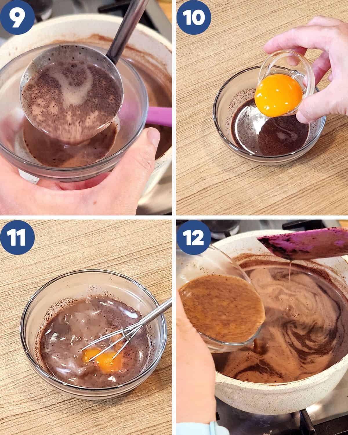 Step by step process photos of mixing the egg yolk with tempering technique into the pot.
