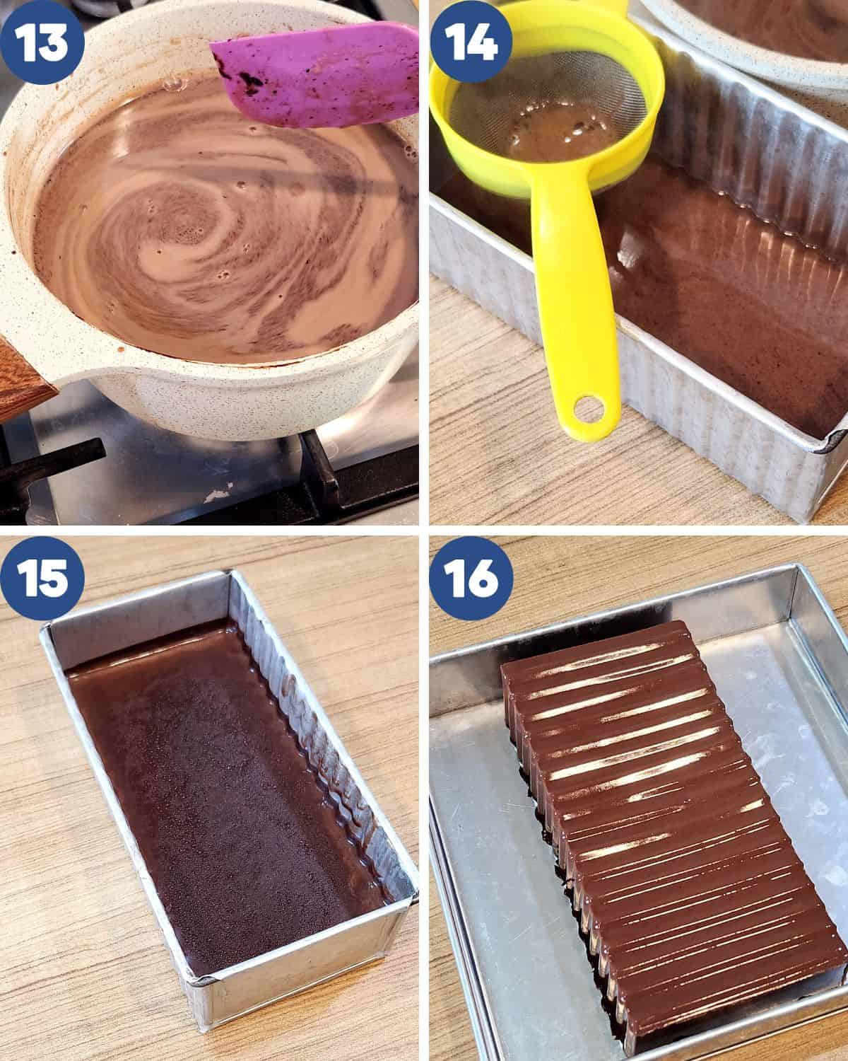 Step by step process photos of the mixture simmering and pouring it into the pan.