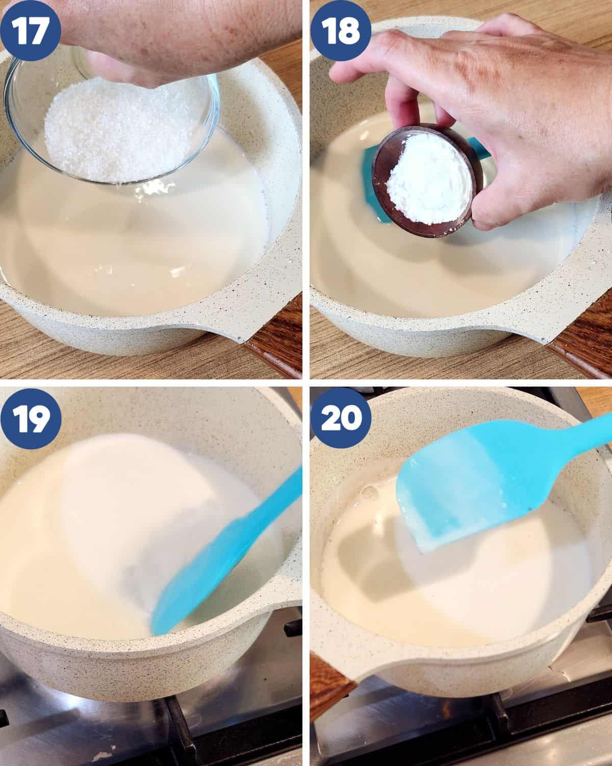 Step by step process photos of making the milk sauce for the gluten free chocolate pudding.