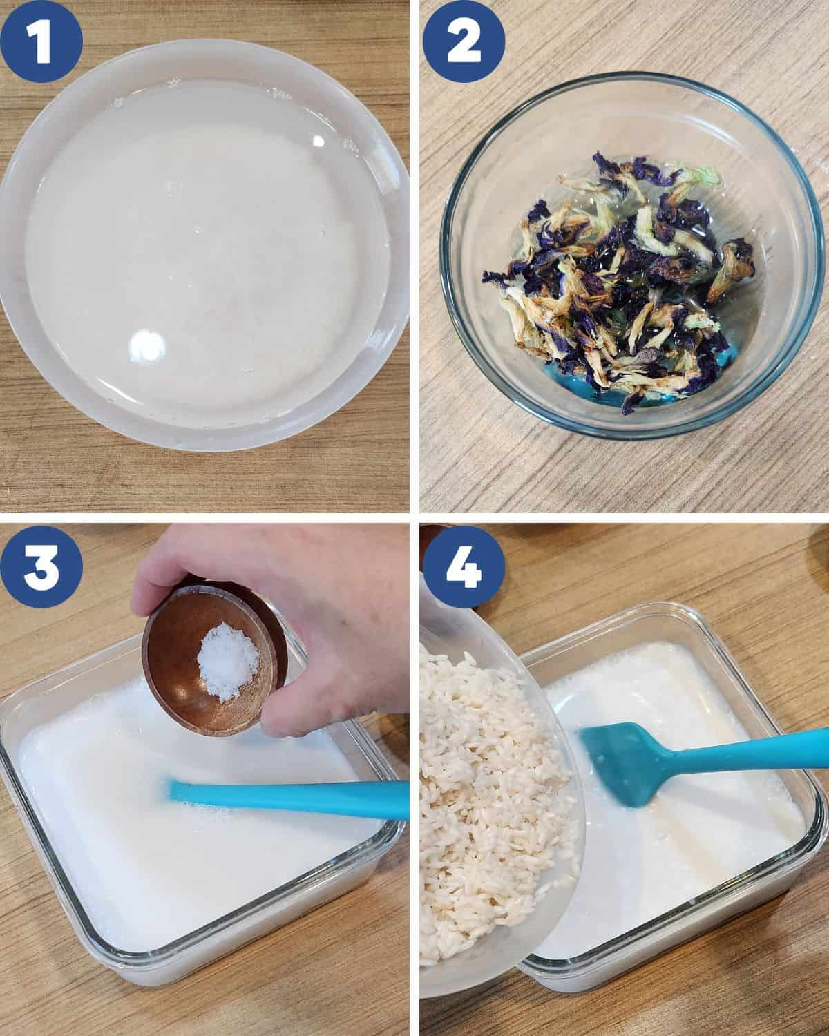 Step by step process photos of preparing the sticky rice and butterfly pea flower coloring.