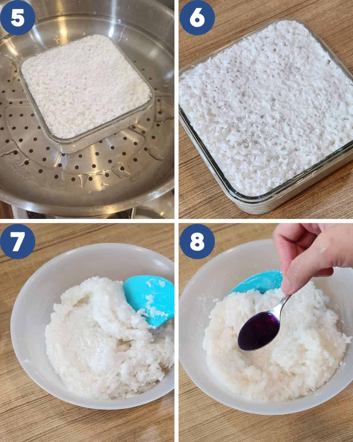 Step by step process photos of steaming the sticky rice.