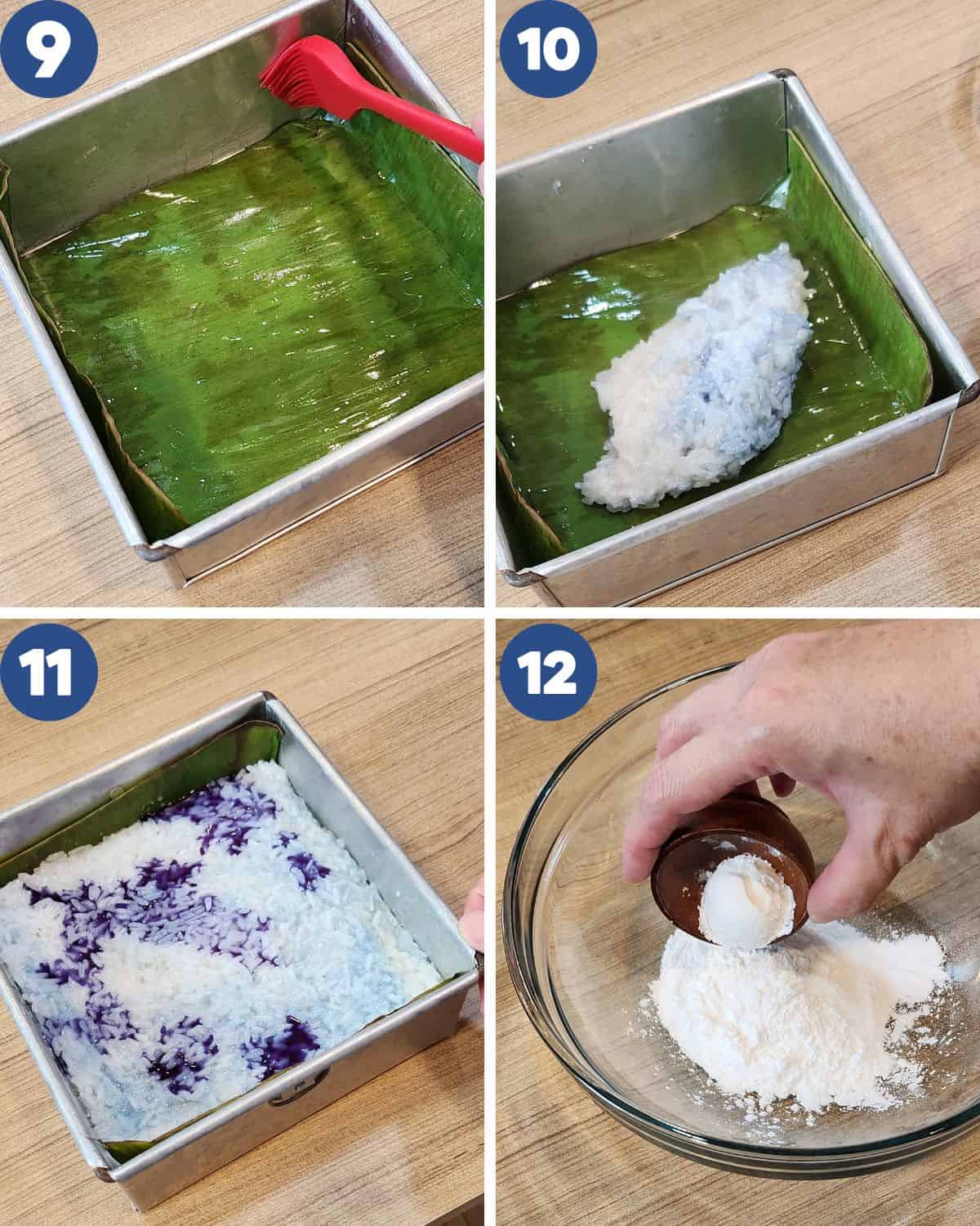 Step by step process photos of getting the sticky rice colored and pressed in a baking pan.