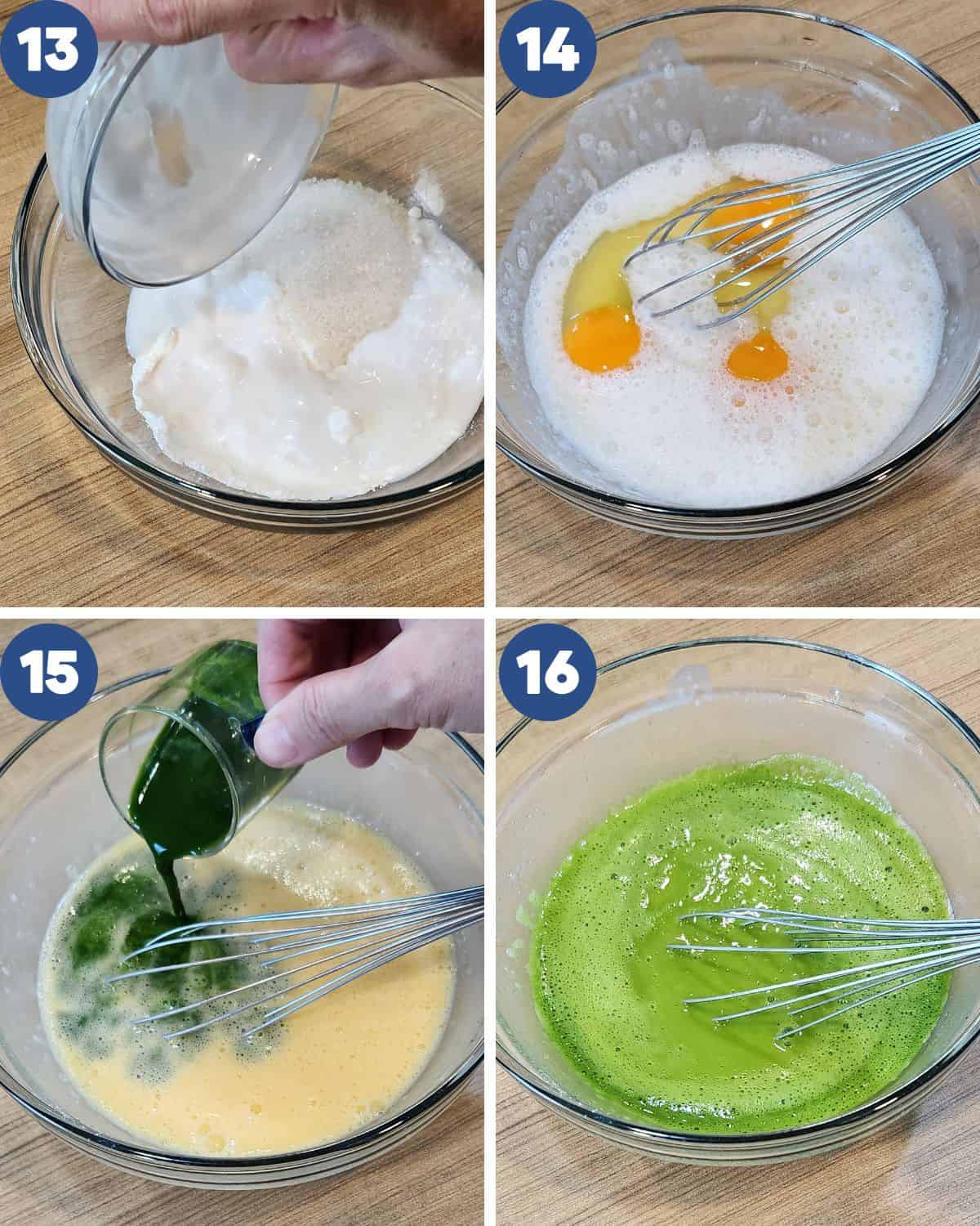 Step by step process photos of mixing the eggs and pandan extract.