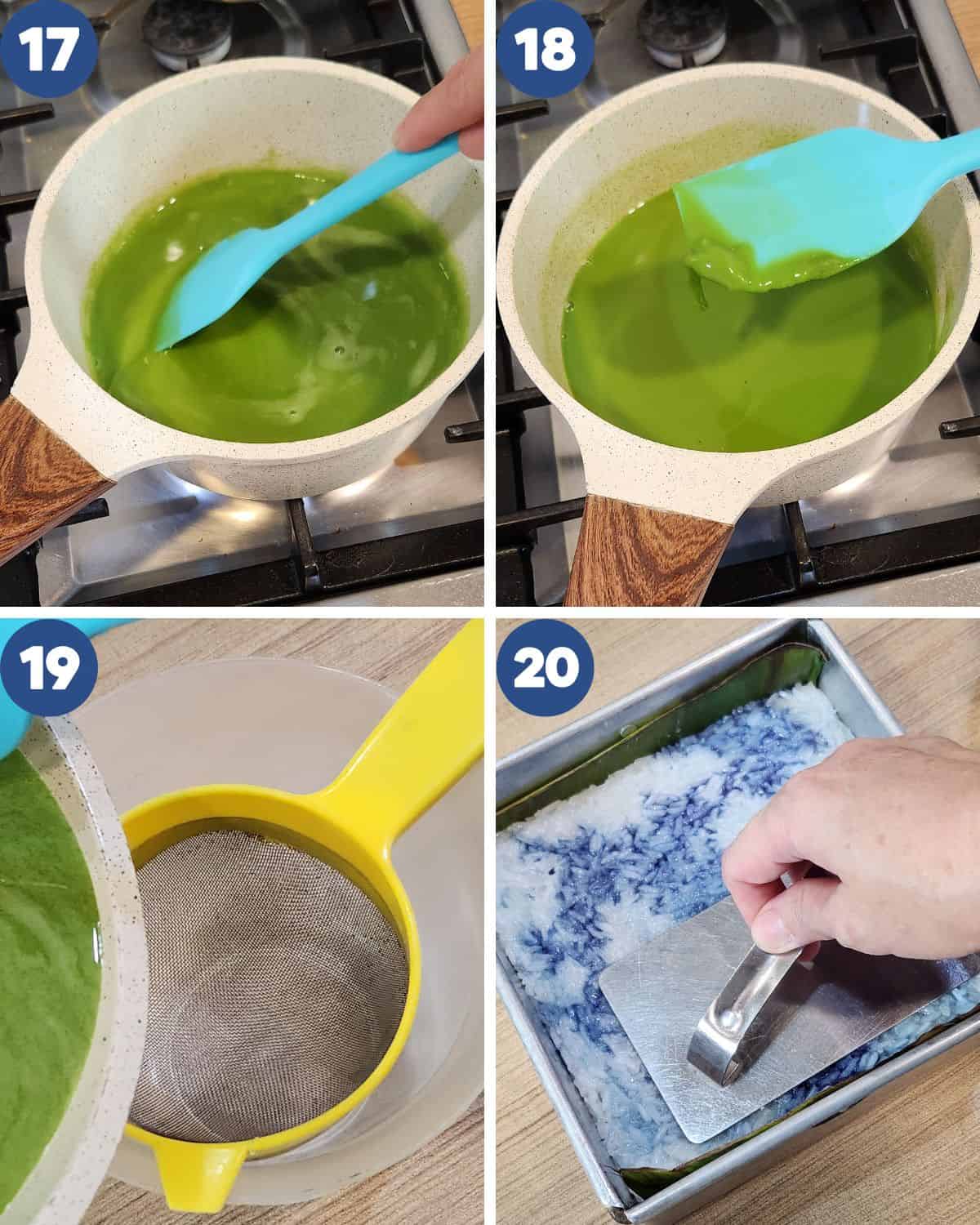 Step by step process photos of cooking the kaya layer for Kuih Seri Muka.