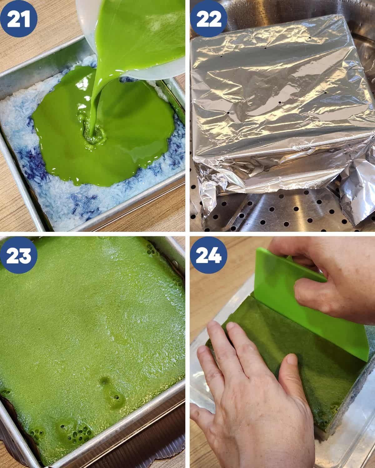 Step by step process photos of making the kaya layer.