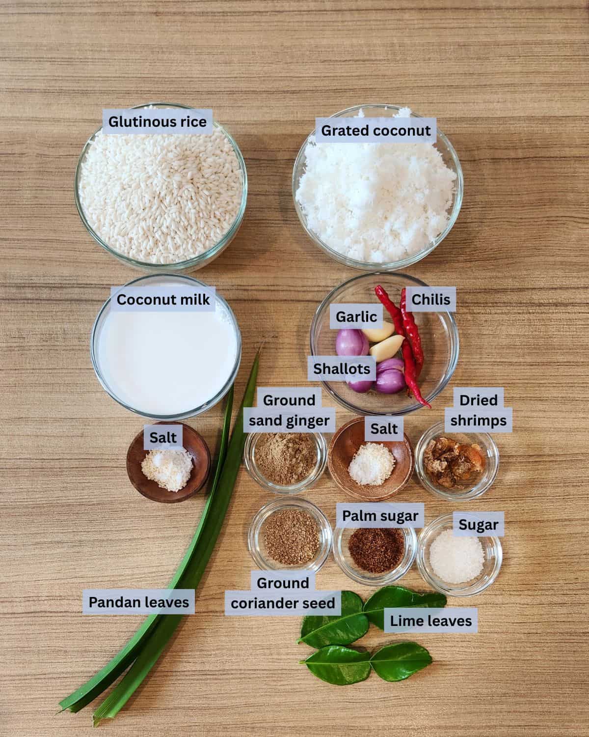Ketan Serundeng ingredients with labels.
