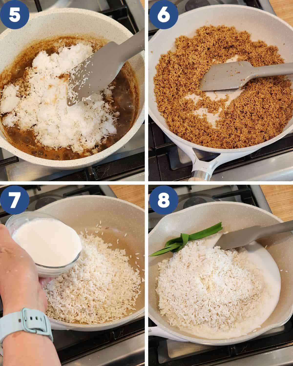 Step by step process photos of making the spiced grated coconut and cooking the sticky rice.