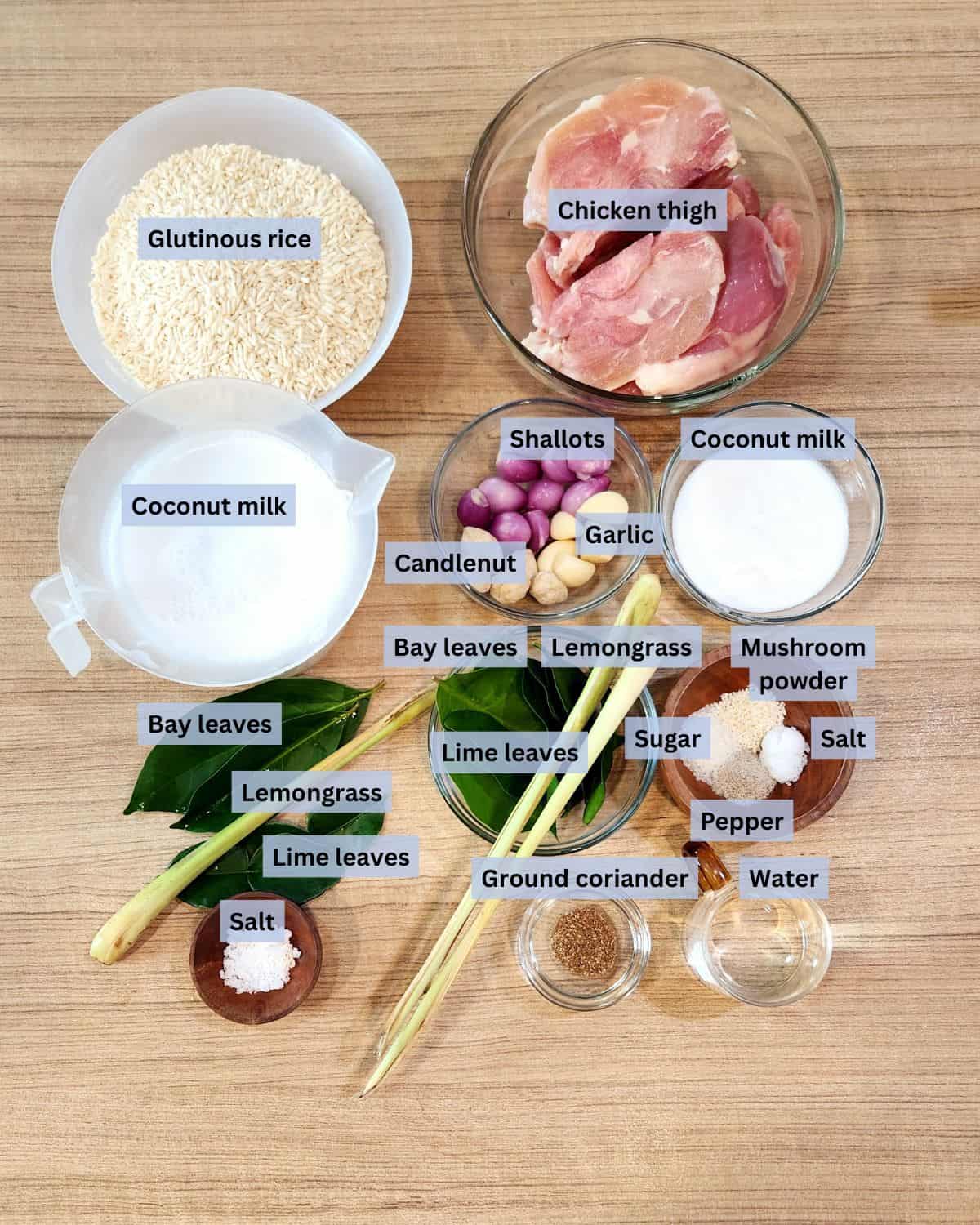 Lemper ayam ingredients with labels.