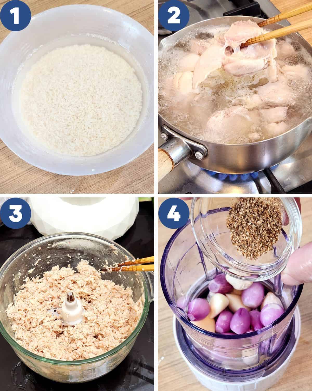 Step by step process photos of preparing the glutinous rice and chicken filling for Lemper.
