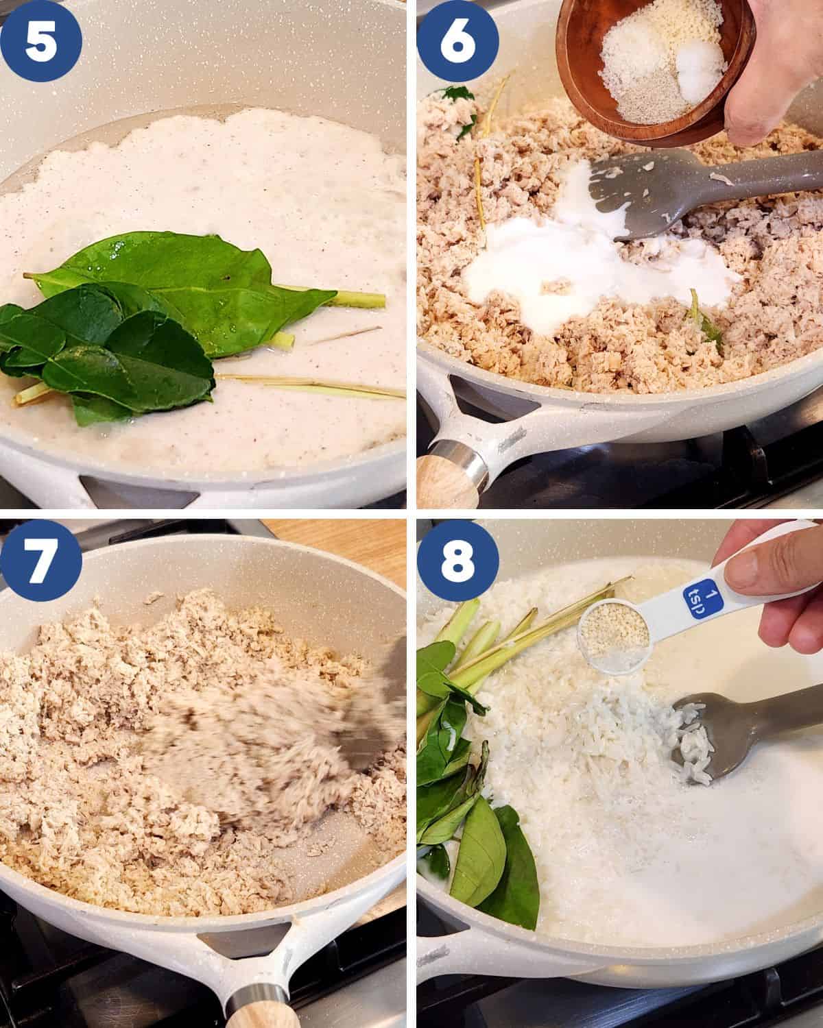 Step by step process photos of cooking the chicken filling for Lemper.