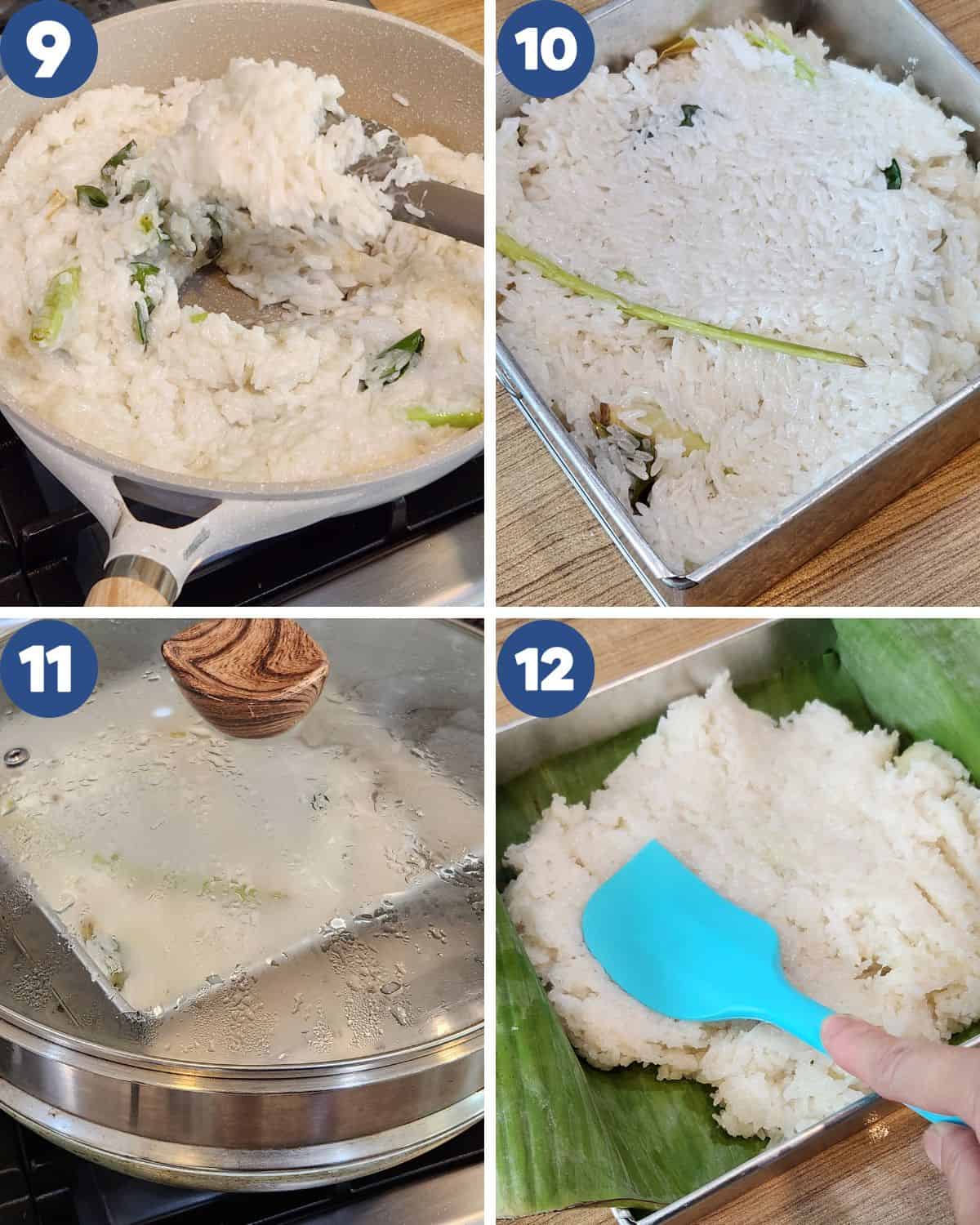 Step by step process photos of cooking the glutinous rice.