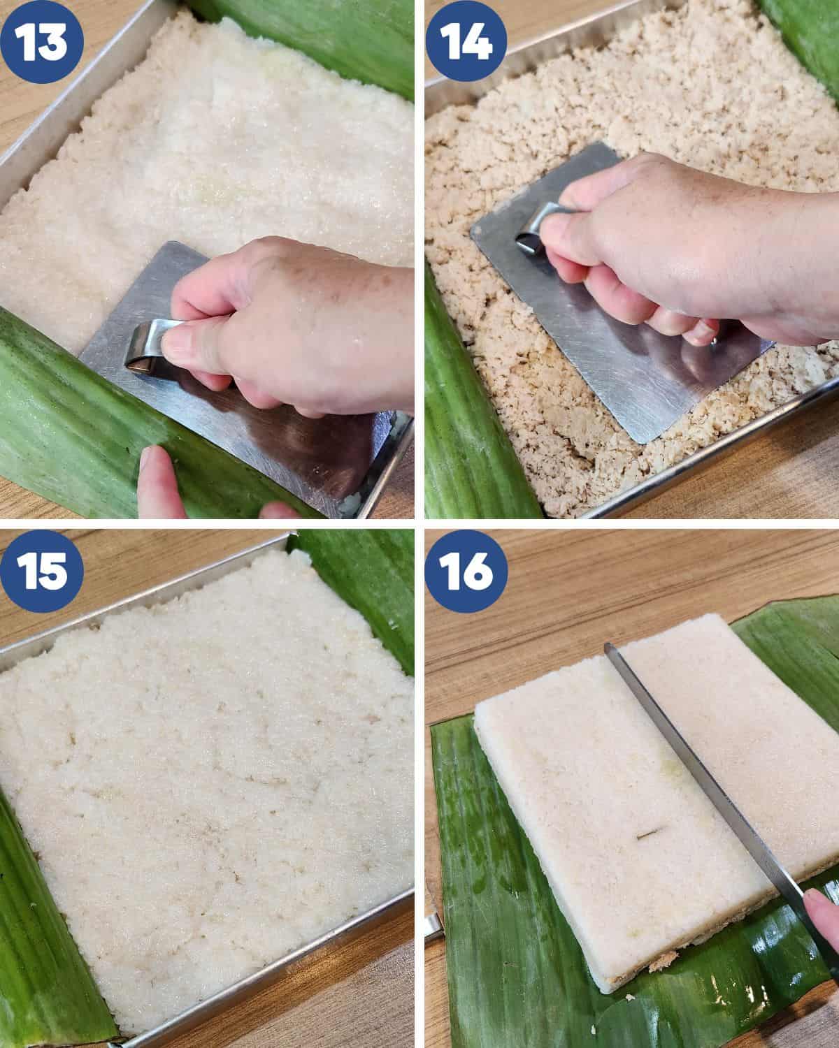Step by step process photos of assembling the sticky rice and chicken filling in a pan.