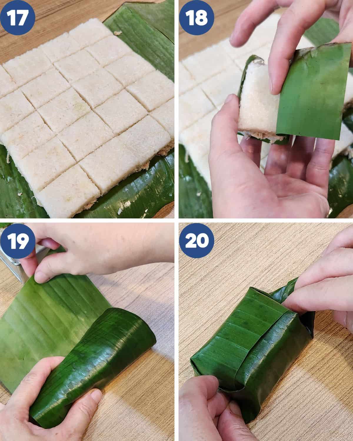 Step by step process photos of wrapping the lemper ayam.