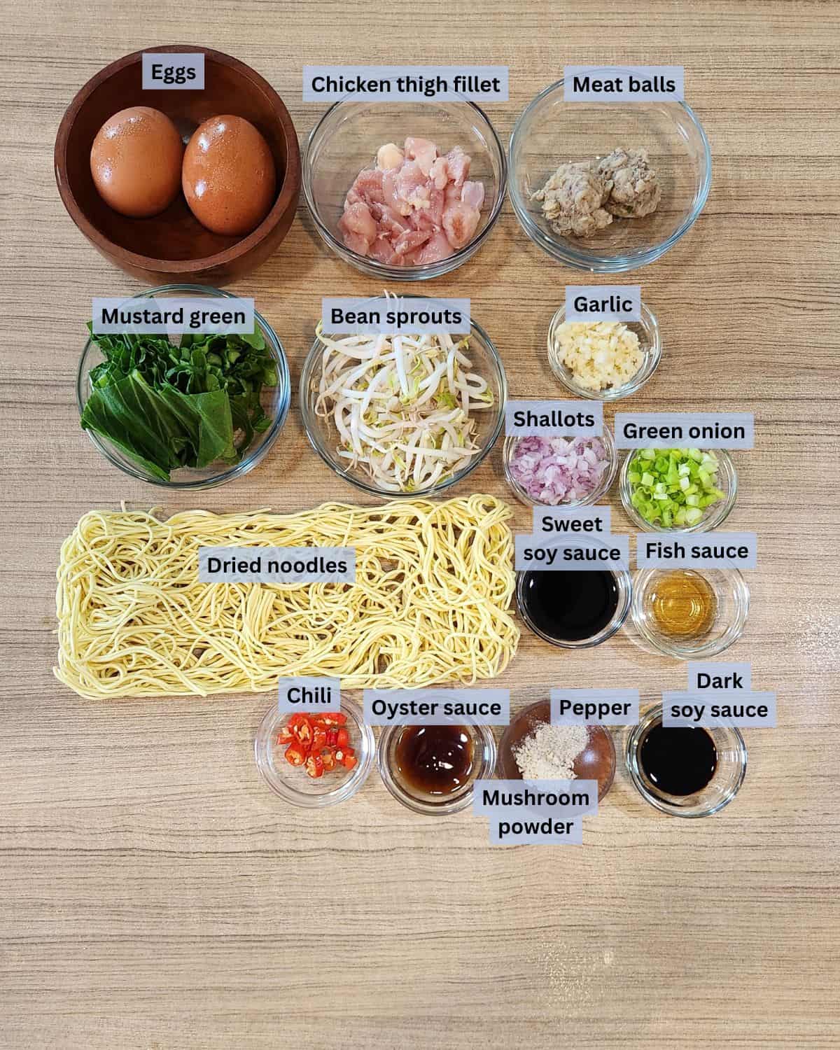 Mie goreng or indonesian stir fried noodles ingredients with labels.