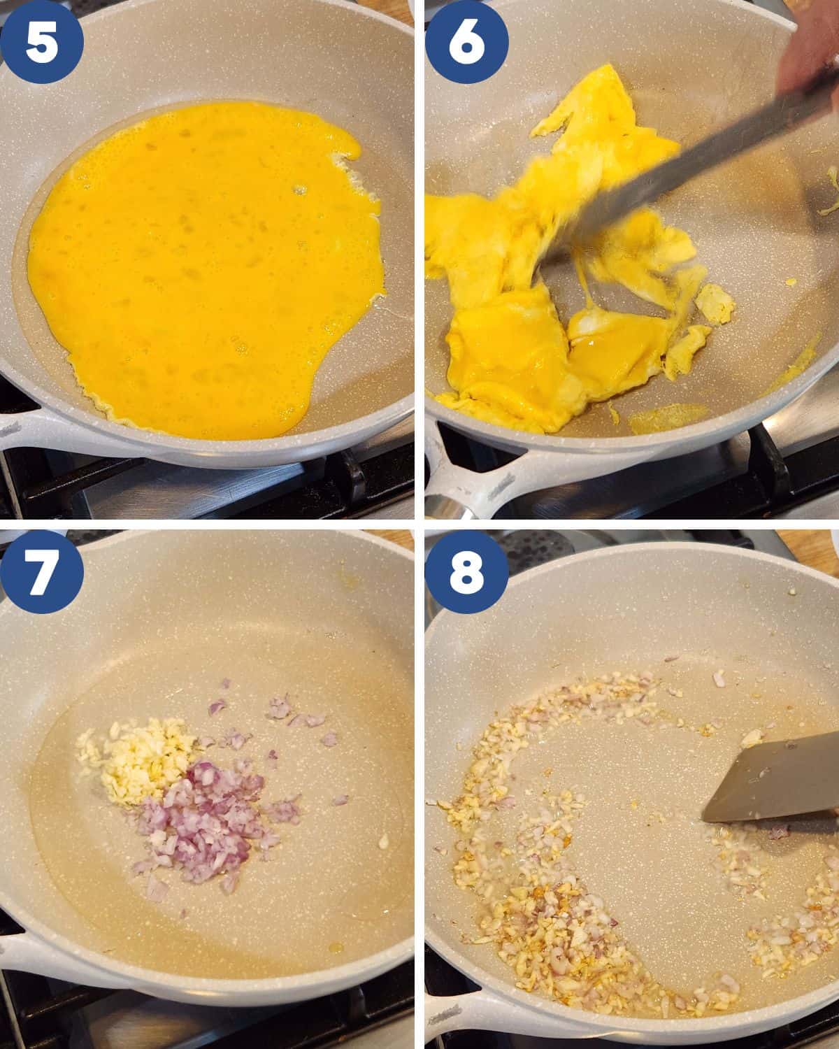 Step by step process photos of making the scrambled eggs and sauteeing the shallots and garlic.