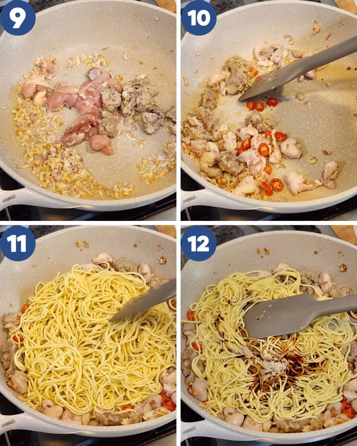 Step by step process photos of putting in the protein and noodles.