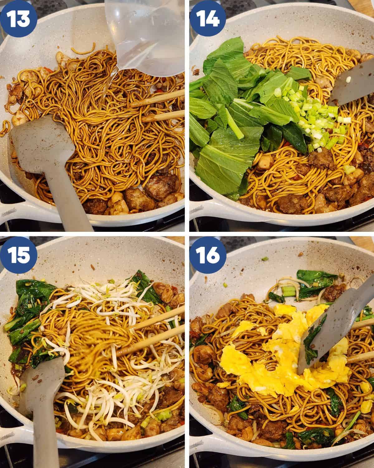 Step by step process photos of stir frying the mie goreng.
