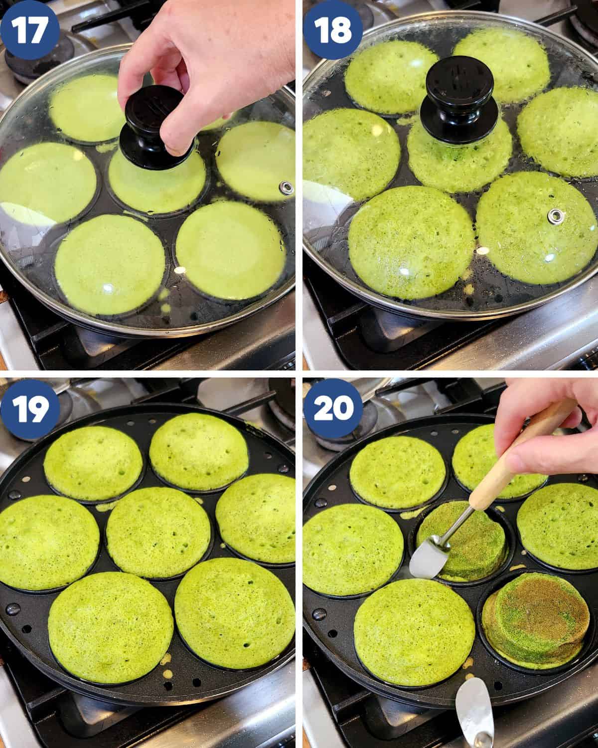 Step by step process photos of baking the bika ambon pandan batter in a pancake pan.