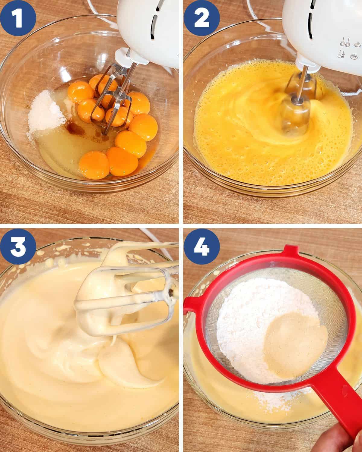 Step by step process photos of beating the eggs, sugar, and mixing it with flour.