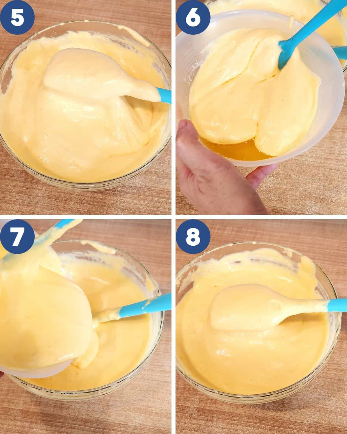 Step by step process photos of mixing the melted butter into the batter.