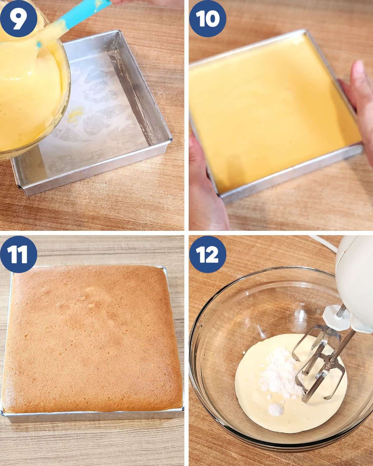 Step by step process photos of pouring the batter into the baking pan and baking it.