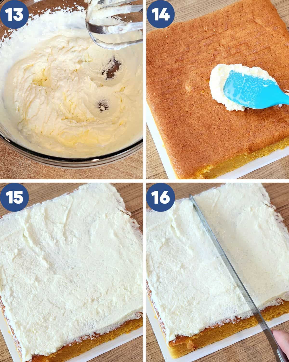 Step by step process photos of smothering the cake with heavy cream.