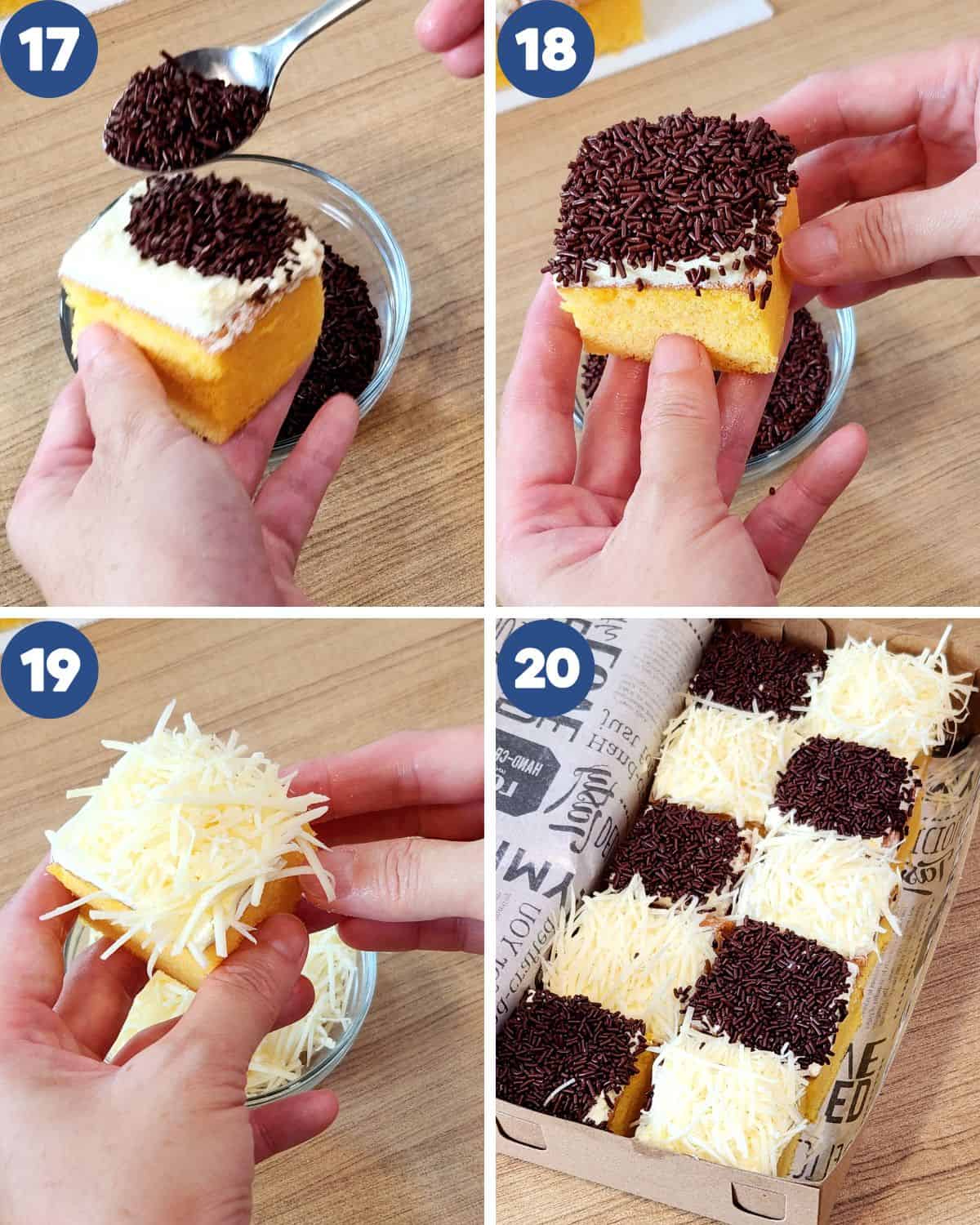 Step by step process photos of decorating the mini cakes.