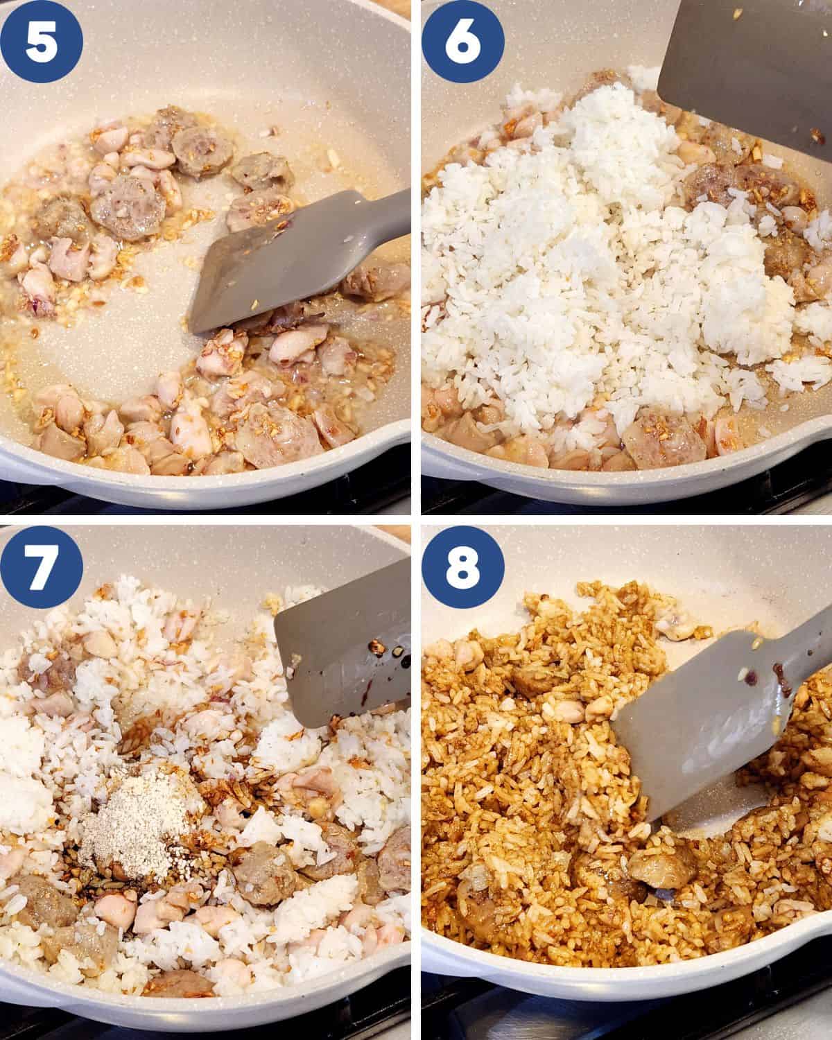 Step by step process photos of stir-frying the rice and seasoning.