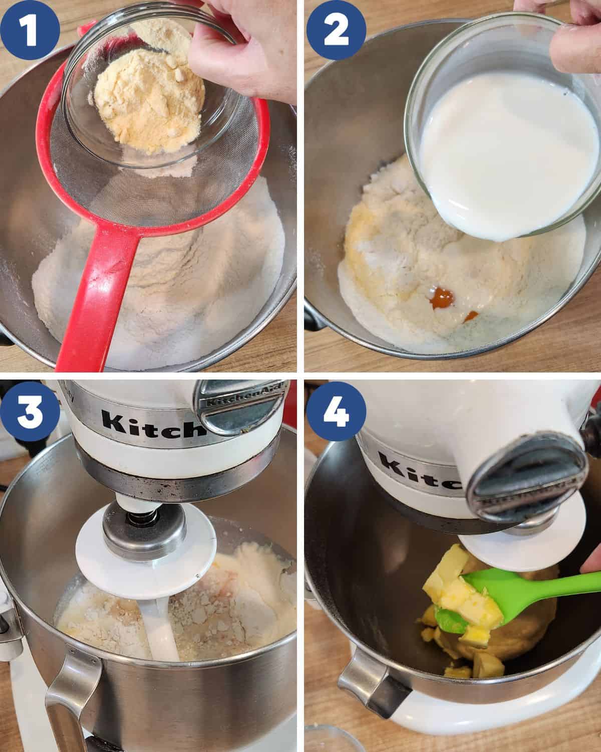 Step by step process photos of mixing the ingredients in a mixing bowl.