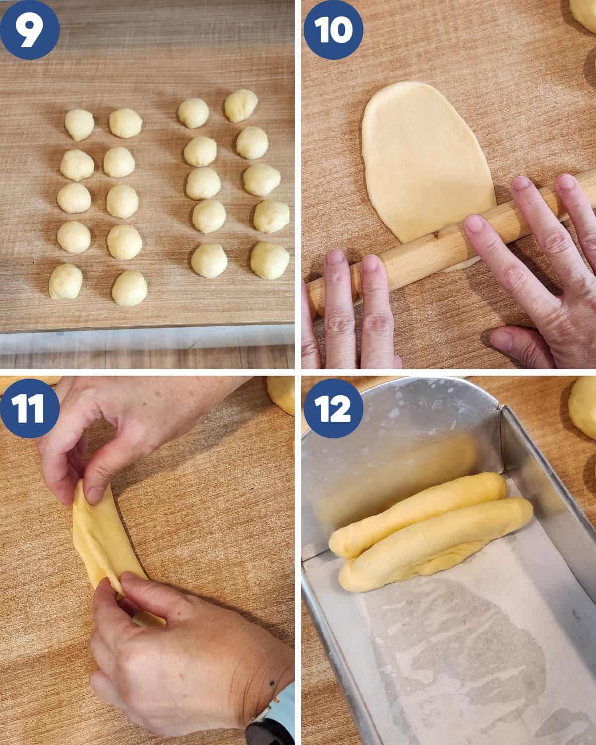Step by step process photos of dividing the dough and shaping it.