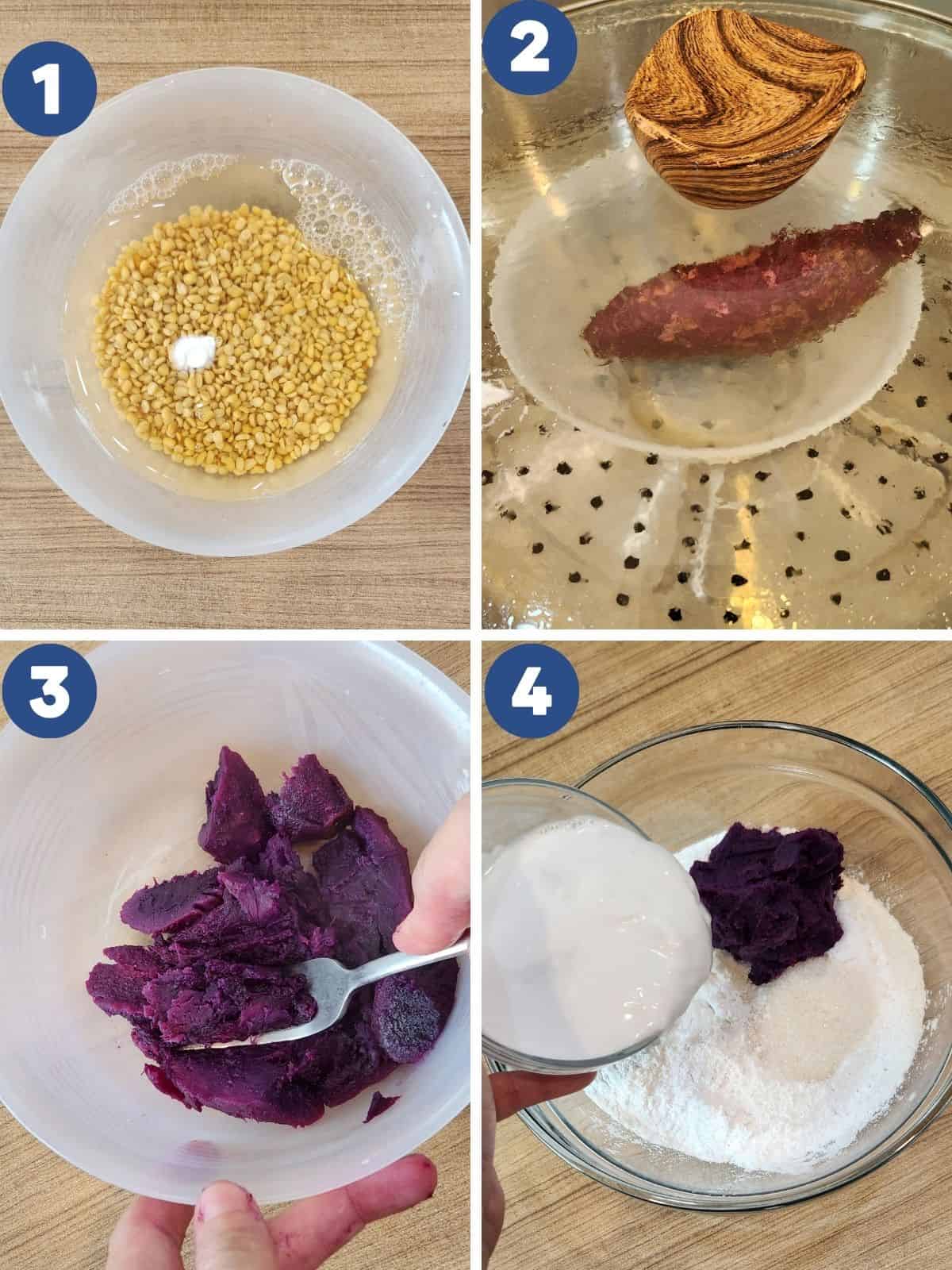 Step by step process photos of preparing the filling and the purple sweet potato.