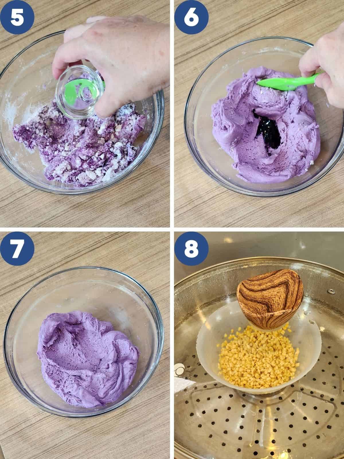 Step by step process photos of blending the dough for the skin.