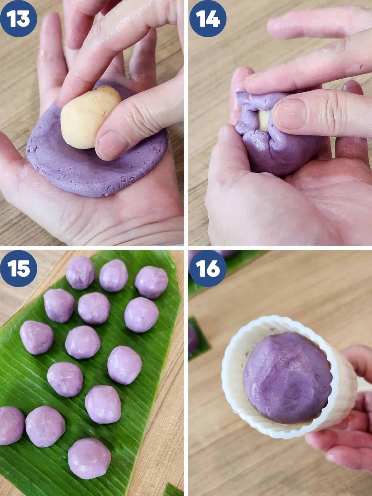Step by step process photos of assembling the dough and the filling and shaping using the mold.