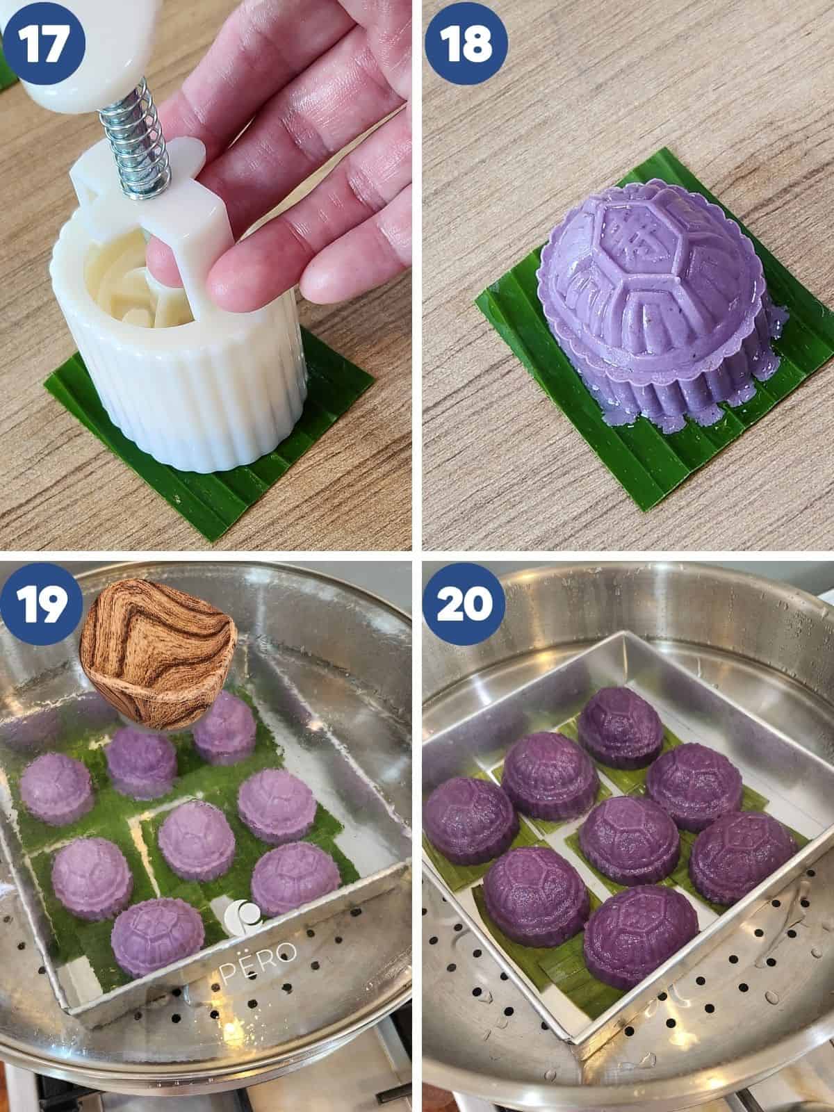 Step by step process photos of shaping the angku kueh with the mold and steaming.