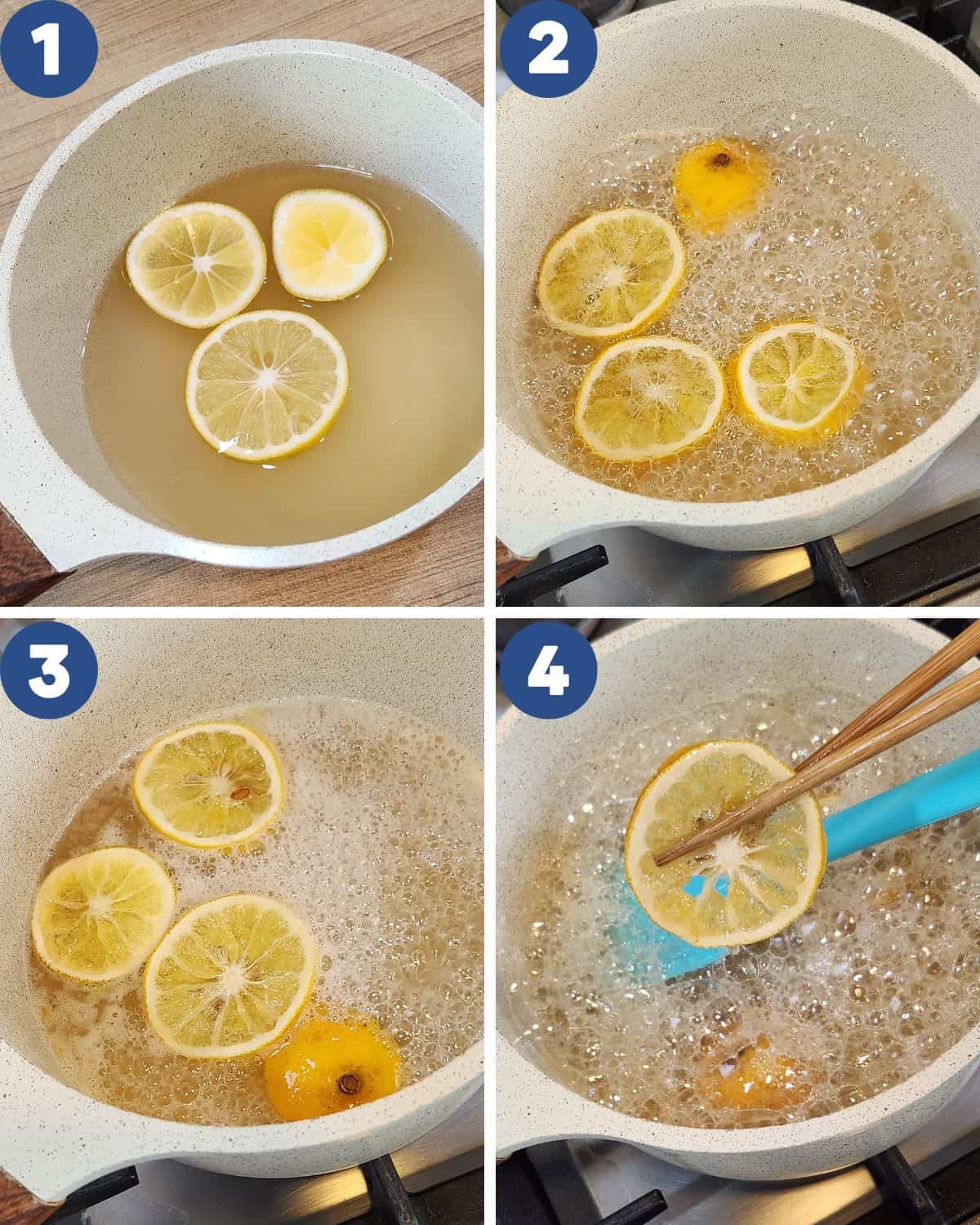 Step by step process photos of cooking the sugar and lemon in a sauce pan.
