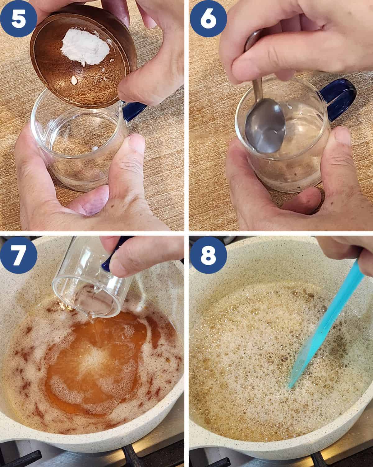 Step by step process photos of pouring the baking soda mixture into the syrup.