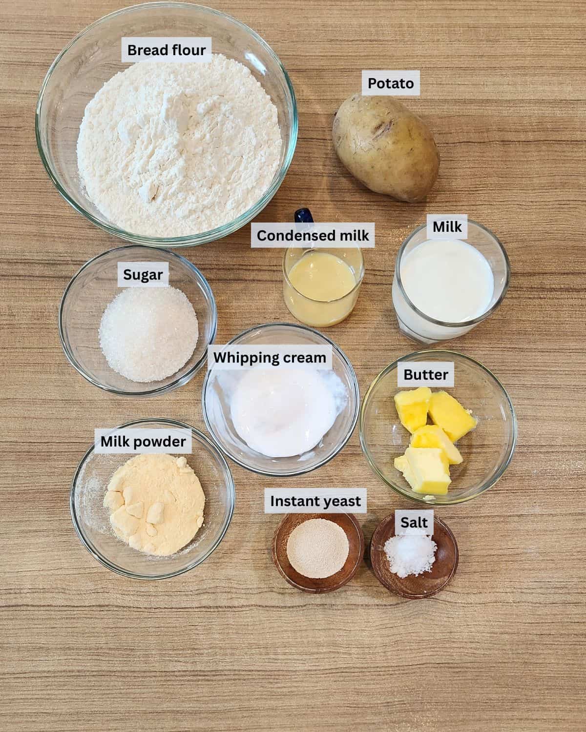 Japanese milk bread ingredients with labels.