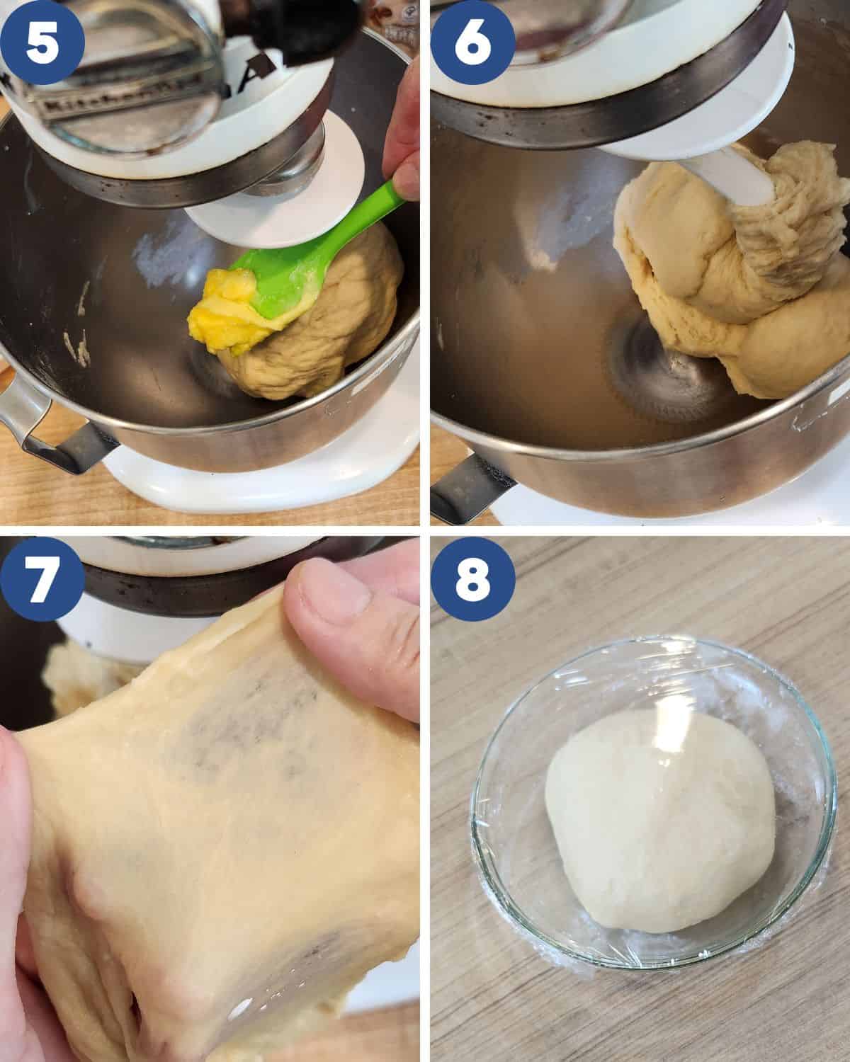 Step by step process photos of mixing, window pane elasticity, and fermentation.