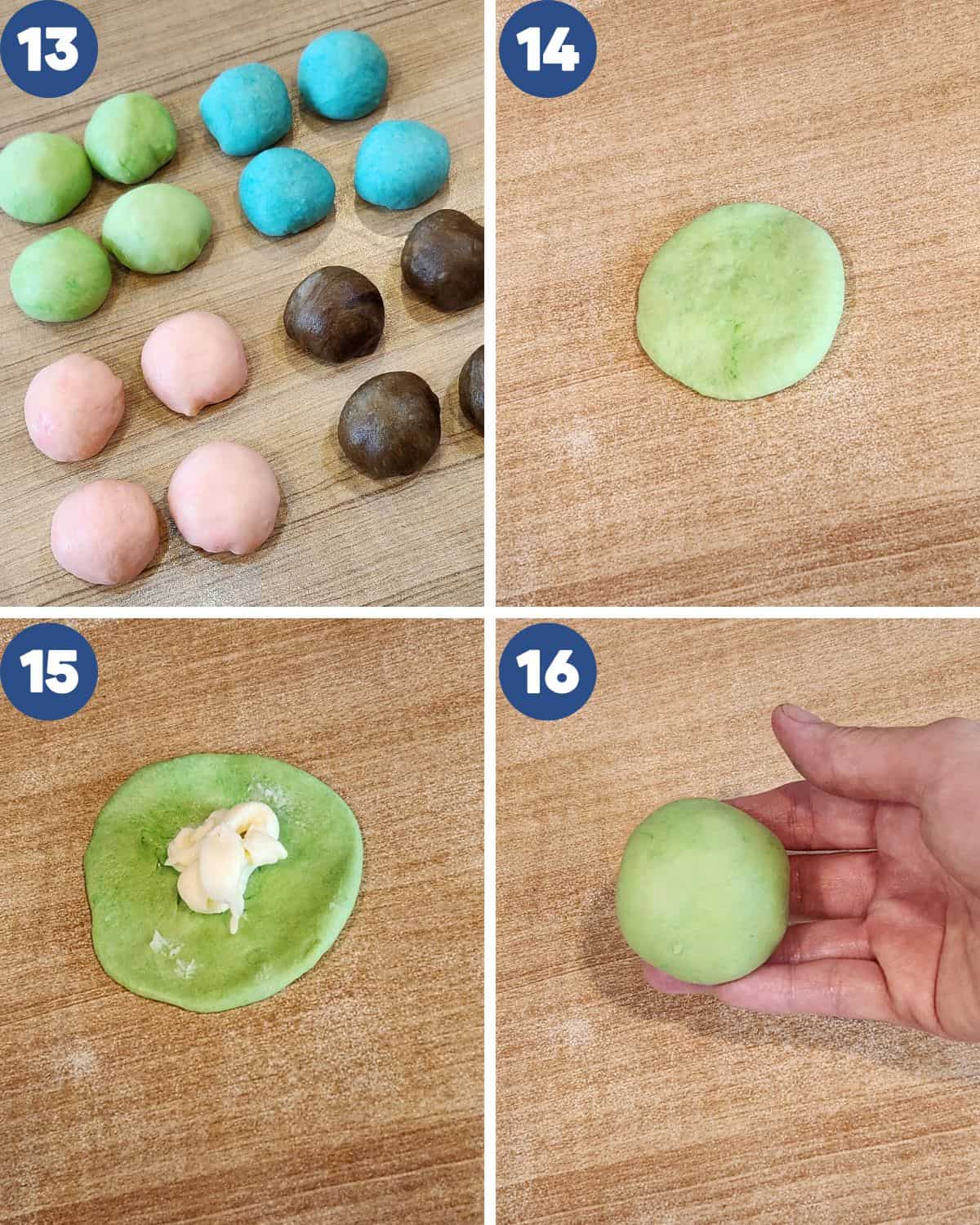 Step by step process photos of filling the buns and shaping them round.